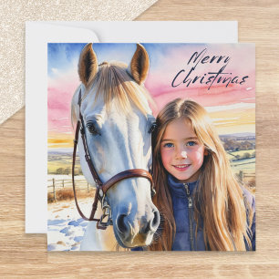 Tarjeta Festiva Caballo de Acuarela y Chica Imagen de Nieve Navida