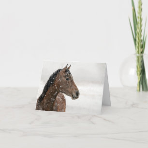 Tarjeta Festiva Caballo de Bahía en caída de nieve, mensaje person