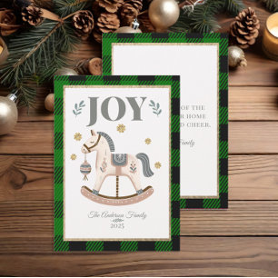 Tarjeta Festiva Caballo de balancín de cuadros verde vintage alegr