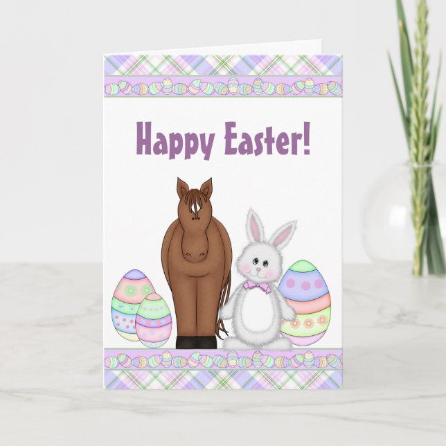 Tarjeta Festiva Caballo de Brown, conejito blanco y huevos Pascua (Anverso)