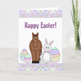 Tarjeta Festiva Caballo de Brown, conejito blanco y huevos Pascua