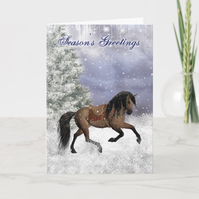 Tarjeta Festiva Caballo de invierno, saludos de feriado de fantasí (Anverso)
