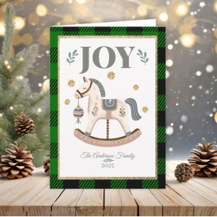 Tarjeta Festiva Caballo de Juguete Verde Escocés Vintage Alegría H