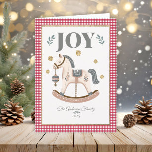 Tarjeta Festiva Caballo de Juguete Vintage Rojo Gingham Alegría He