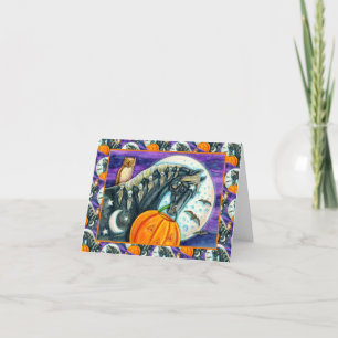 TARJETA FESTIVA CABALLO DE MAGIA NEGRO, OWL, JACK O LANTERN Y HERR