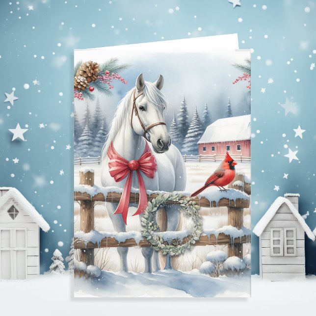 Tarjeta Festiva Caballo de Navidades blancos y cardenal personaliz (Subido por el creador)