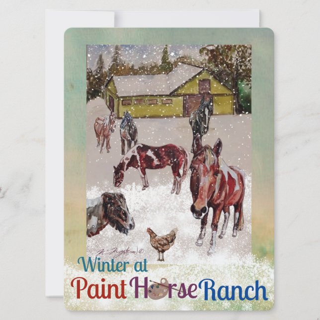 Tarjeta Festiva caballo de pintura, pallet artístico, invierno (Anverso)