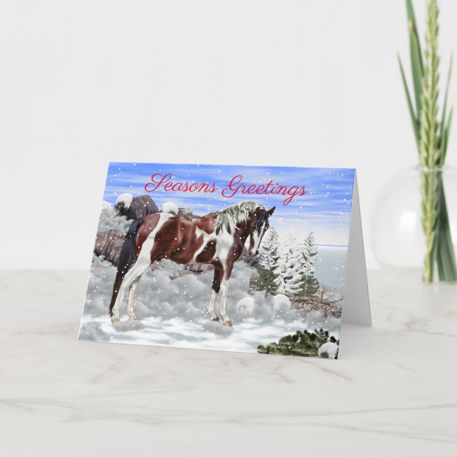 Tarjeta Festiva Caballo de Pintura Tobiano Bay y Blanco en Nieve (Anverso)