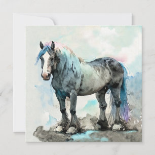 Tarjeta Festiva Caballo de raza Shire Gentil Acuarela Azul