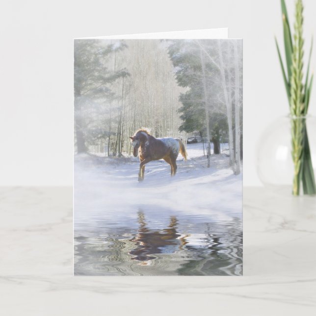 Tarjeta Festiva Caballo de saludos de temporada en nieve (Anverso)