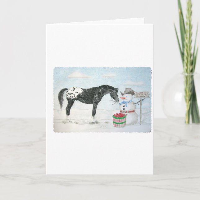 Tarjeta Festiva Caballo del Appaloosa con el muñeco de nieve, (Anverso)