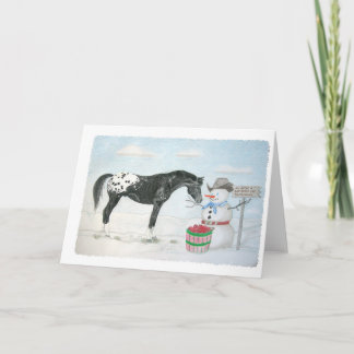 Tarjeta Festiva Caballo del Appaloosa con el muñeco de nieve,