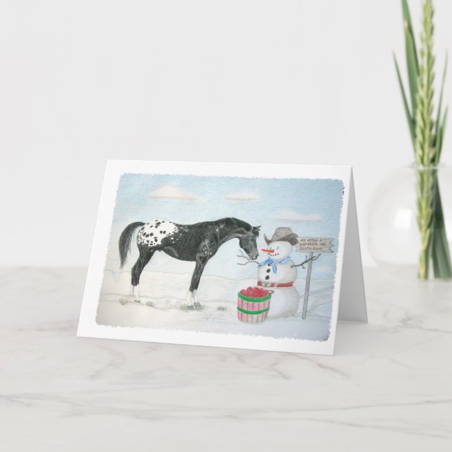 Tarjeta Festiva Caballo del Appaloosa con el muñeco de nieve, (Anverso)