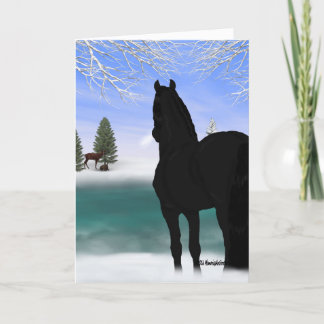 Tarjeta Festiva Caballo frisón en Navidades de invierno