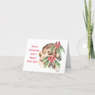 Tarjeta Festiva Caballo marrón con poinsettia en cola y flequillo