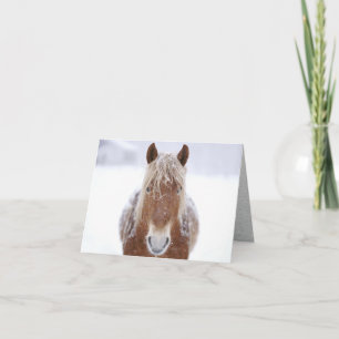 Tarjeta Festiva Caballo marrón parado en campo nevado cerca.