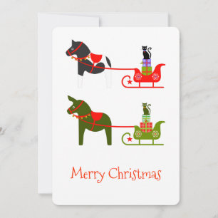 Tarjeta Festiva Caballo Mula Gato Paseo en trineo en verde y rojo