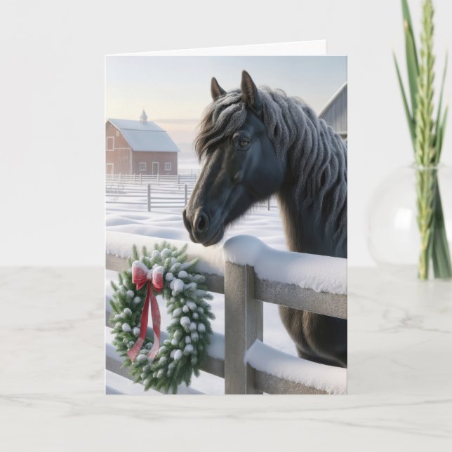 Tarjeta Festiva Caballo negro con una corona de Navidades nevados (Anverso)