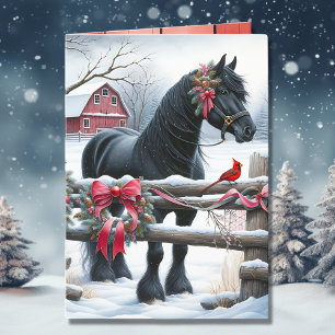 Tarjeta Festiva Caballo negro festivo y Navidades cardinales