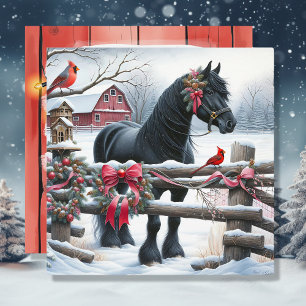 Tarjeta Festiva Caballo negro festivo y Navidades cardinales