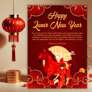 Tarjeta Festiva Caballo Rojo y Dorado Año Nuevo Lunar Chino