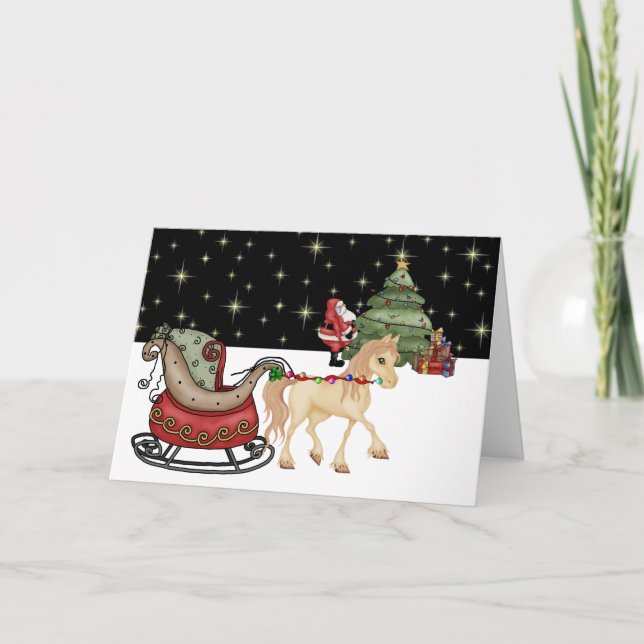 Tarjeta Festiva Caballo, Sleigh y Santa entregando regalos (Anverso)