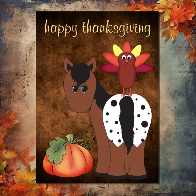 Tarjeta Festiva Caballo, Turquía y Día de Acción de Gracias de Cal (Front - Cute Horse, Turkey and Pumpkin Thanksgiving Holiday Card)