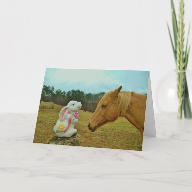 Tarjeta Festiva Caballo y conejito de pascua amarillos rubios (Anverso)