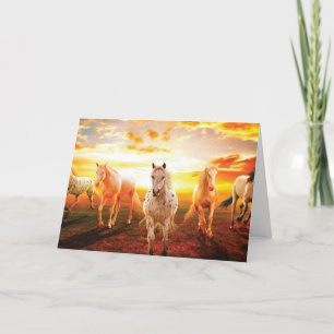 Tarjeta Festiva Caballos al atardecer lanzando almohada