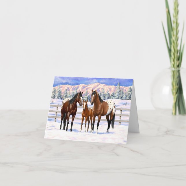 Tarjeta Festiva Caballos Appaloosa De La Bahía Marrón En Nieve (Anverso)