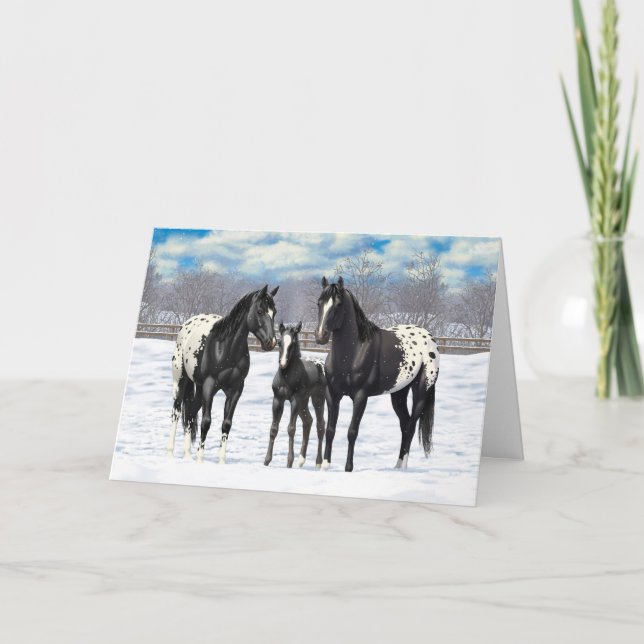 Tarjeta Festiva Caballos Appaloosa Negros En Nieve (Anverso)