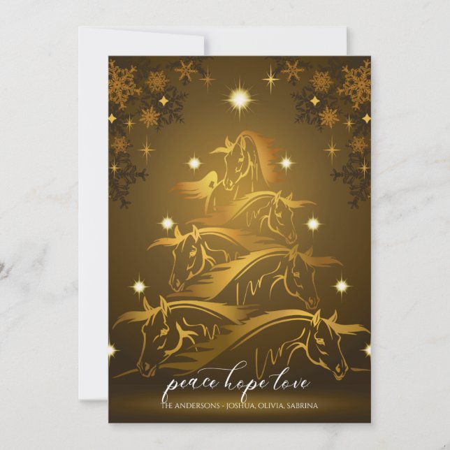 Tarjeta Festiva Caballos de Navidades abstractos de bronce dorado (Anverso)