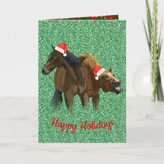 Tarjeta Festiva Caballos divertidos con Navidades Santa hat (Anverso)
