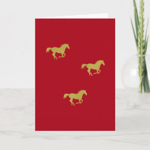 Tarjeta Festiva Caballos Dorados Corriendo sobre Rojo Oscuro