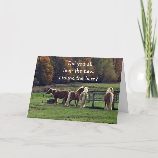 TARJETA FESTIVA CABALLOS HUMORÍSTICOS SECUESTRANDO SOBRE SU EDAD (Anverso)