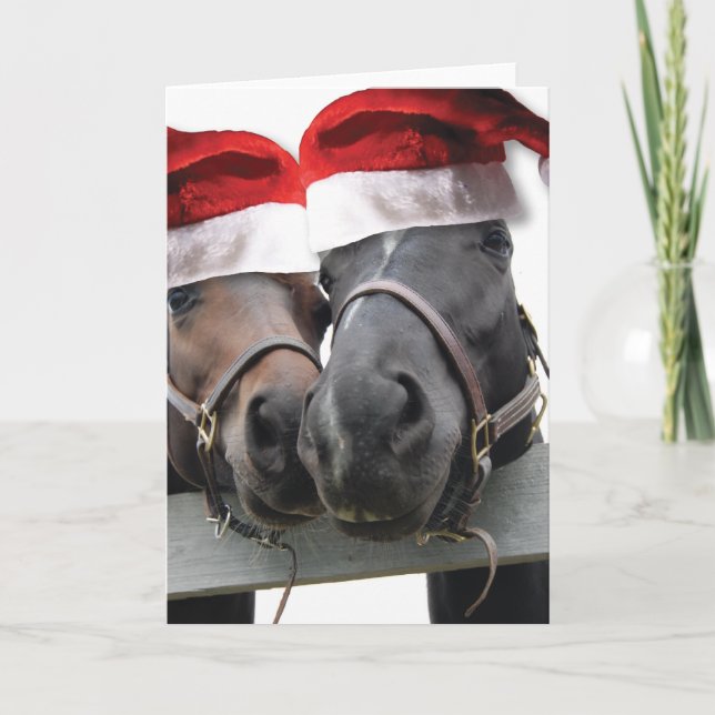 Tarjeta Festiva Caballos navidades con sombreros Santa (Anverso)