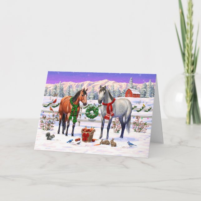 Tarjeta Festiva Caballos navidades en nieve (Anverso)