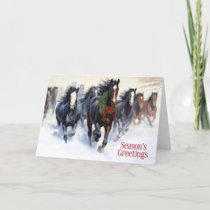 Tarjeta Festiva Caballos salvajes con tema occidental en la nieve