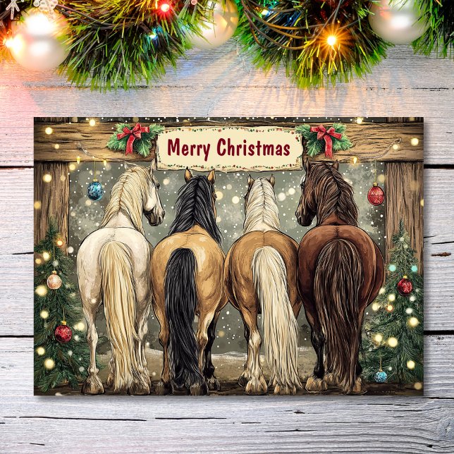 Tarjeta Festiva Caballos singulares con árboles navideños festivos (Front - Whimsical Horses with Festive Christmas Trees Holiday Card)