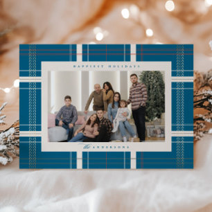 Tarjeta Festiva Cabaña acogedora de cuadros elevados bosque azul t