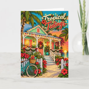 Tarjeta Festiva Cabaña de Key West con palmeras y hibisco
