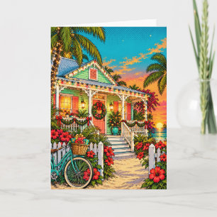 Tarjeta Festiva Cabaña de Key West con palmeras y hibiscos