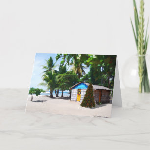 Tarjeta Festiva Cabaña de la playa debajo de las palmas en el
