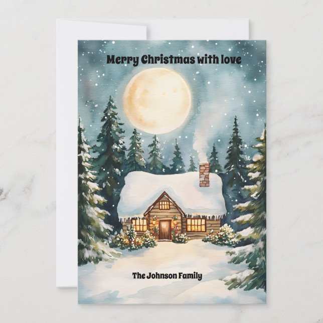 Tarjeta Festiva Cabaña de Navidades acogedora cubierta de nieve (Anverso)