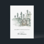 Tarjeta Festiva Cabaña Rústica Acuarela Verde Bosque Personalizada<br><div class="desc">Tarjeta de Vacaciones Personalizada Cabaña Rústica Acuarela Verde Bosque</div>