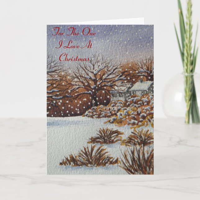 Tarjeta Festiva cabañas rurales de temporada nevando en navidades (Anverso)