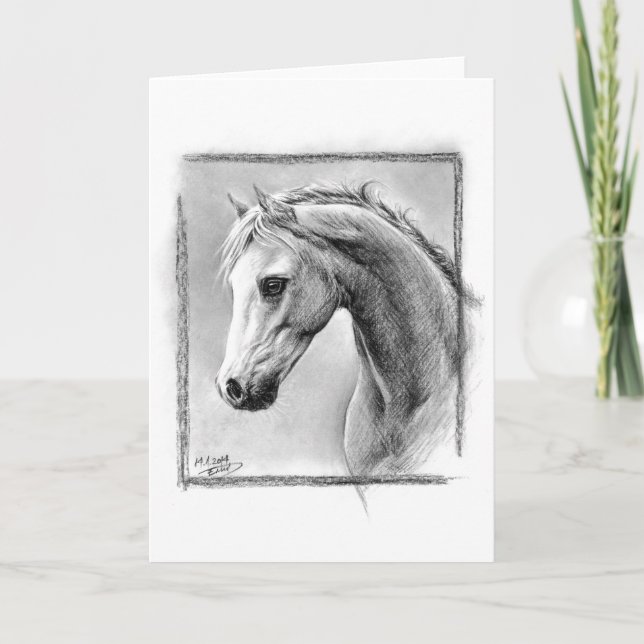 Tarjeta Festiva Cabeza de caballo Dibujo de carbón vegetal Saludo  (Anverso)