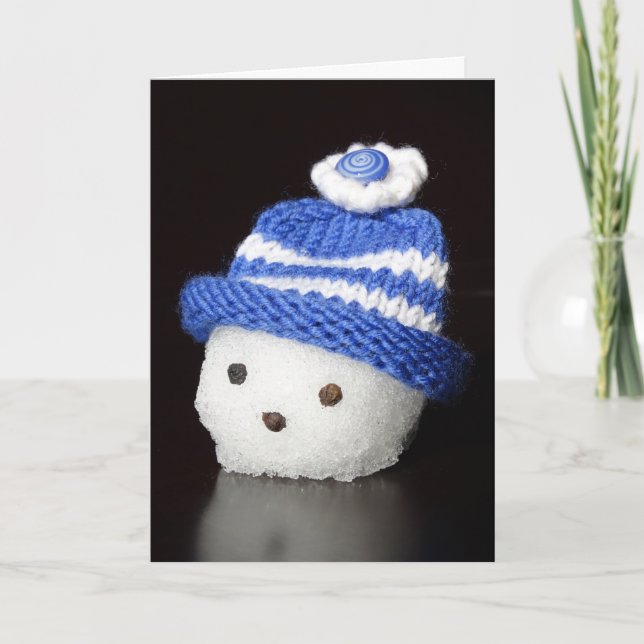 Tarjeta Festiva Cabeza de Snowman en Gorra azul (Anverso)