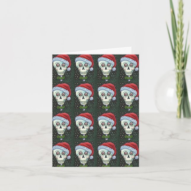 TARJETA FESTIVA CABEZA MUERTA SANTA SKULL, NAVIDADES SKELETON HUMO (Anverso)
