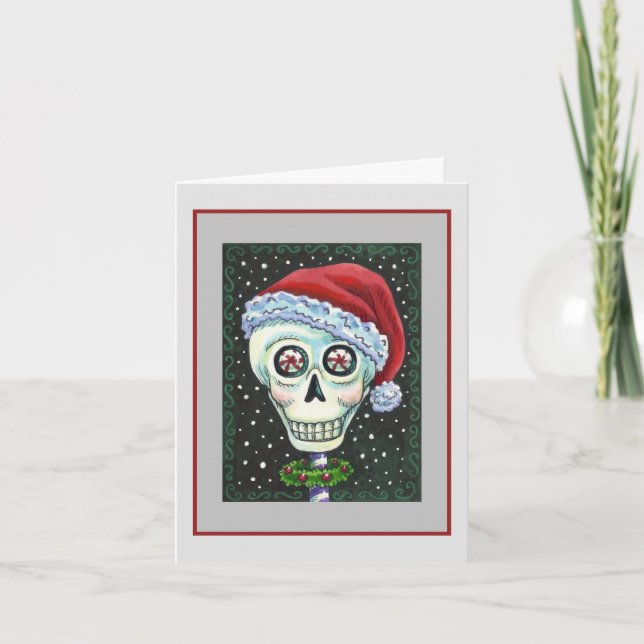 TARJETA FESTIVA CABEZA MUERTA SANTA SKULL, NAVIDADES SKELETON HUMO (Anverso)